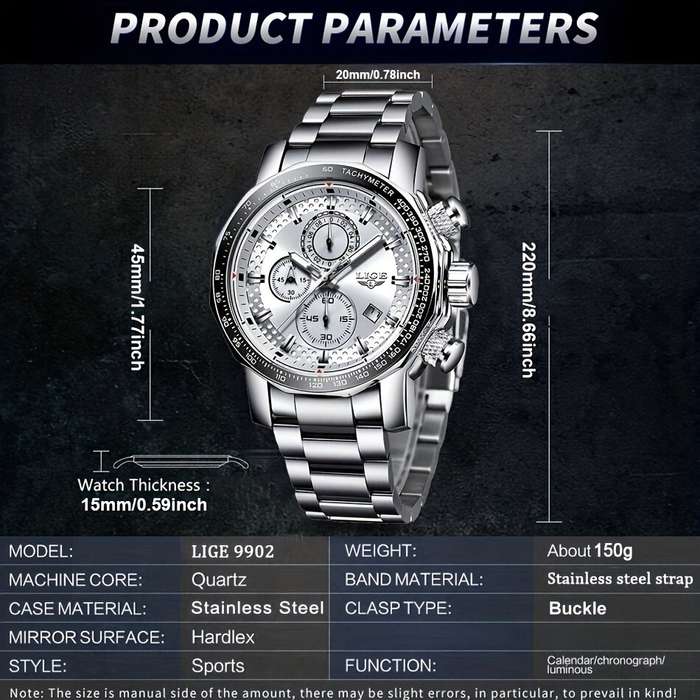 Silver - LIGE Men's Sport Watches Big Dial Chronograph Watches Multifunctional Business Casual Quart