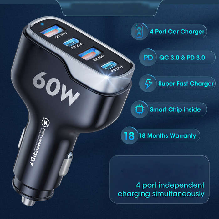 Black - 60W Car Charger Fast Charging Dual Pd 30W + Dual QC 3.0 18W Car Charger USB Car Charger for