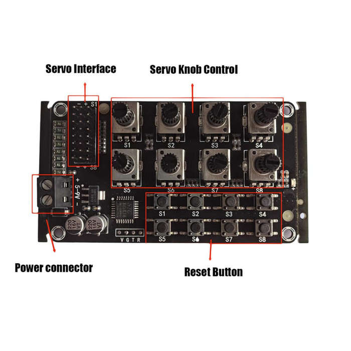 Black - 8-Channel Knob Servo Controller Board with Overload Protection PWM Digital Interface 5-8.4V