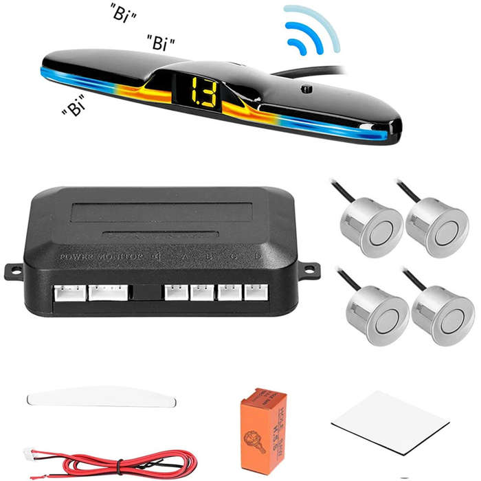 Silver - LED Parking Sensor System Monitor Display Kit Reverse Backup Radar 4 Sensors DC 12V Easy In