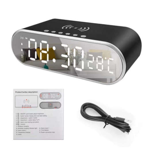 Black - LED Mirror Digital Alarm Clock Support Phone Wireless Charging 2 Alarm Group Snooze Function