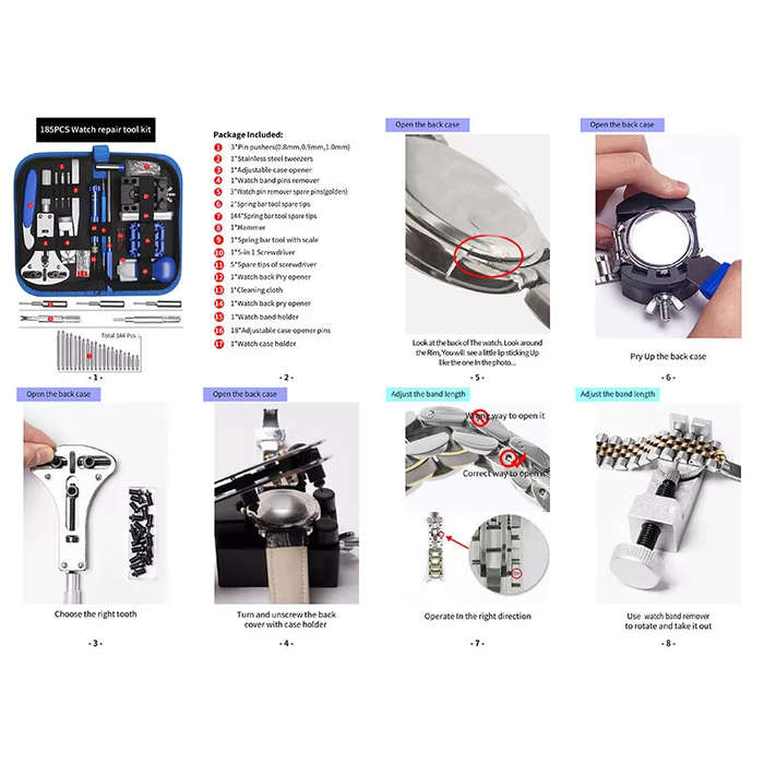 Blue - 185pcs Watch Repair Kit Stainless Steel Tools Set Battery Replacement Case Opener Press Tool