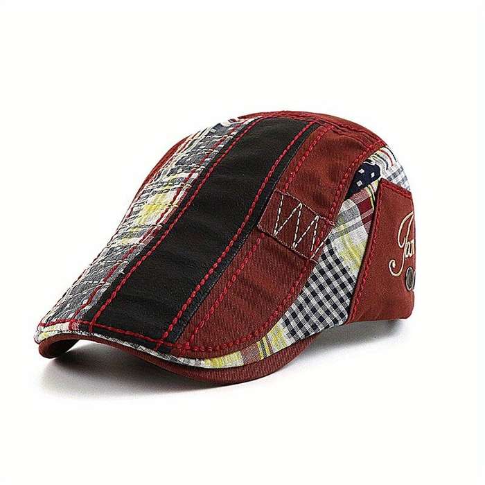 Black - Collrown British Style Men's Beret Cap with Stitching Plaid Pattern Vintage Peaked Cap for A