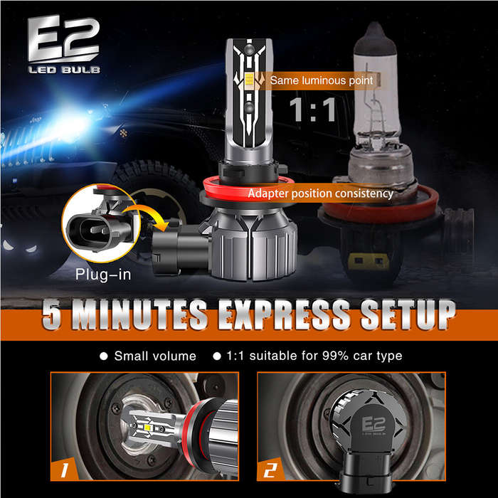 H7 - 2PCS 30000LM E2 Canbus LED Headlight H4 H7 H11 Car Front LED Fog Lamp Bulbs DC9-18V Hi-Low Beam