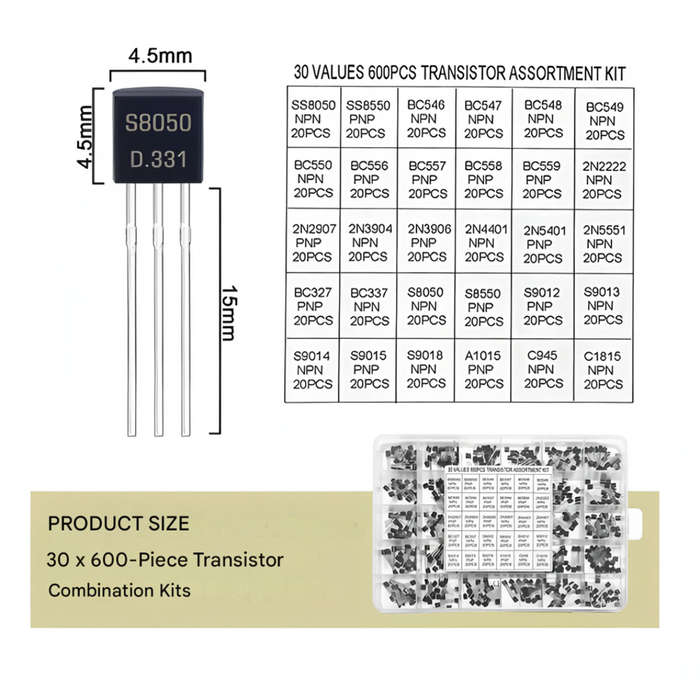 with box - 600pcs Transistor Assortment Kit NPN PNP TO-92 30 Types Electronic Amplification Switchin