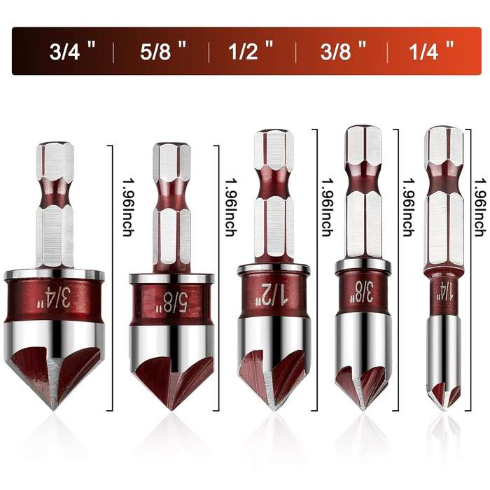 5Pcs - 5PCS Countersink Drill Bit Set 82 Degree 5 Flute Uncoated Hex Shank 1/4 to 3/4 Inch for Wood