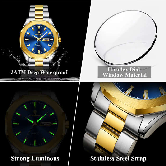 Blue - POEDAGAR Fashion Waterproof Business Quartz Watch Calendar Week Luminous Stainless Steel Stra
