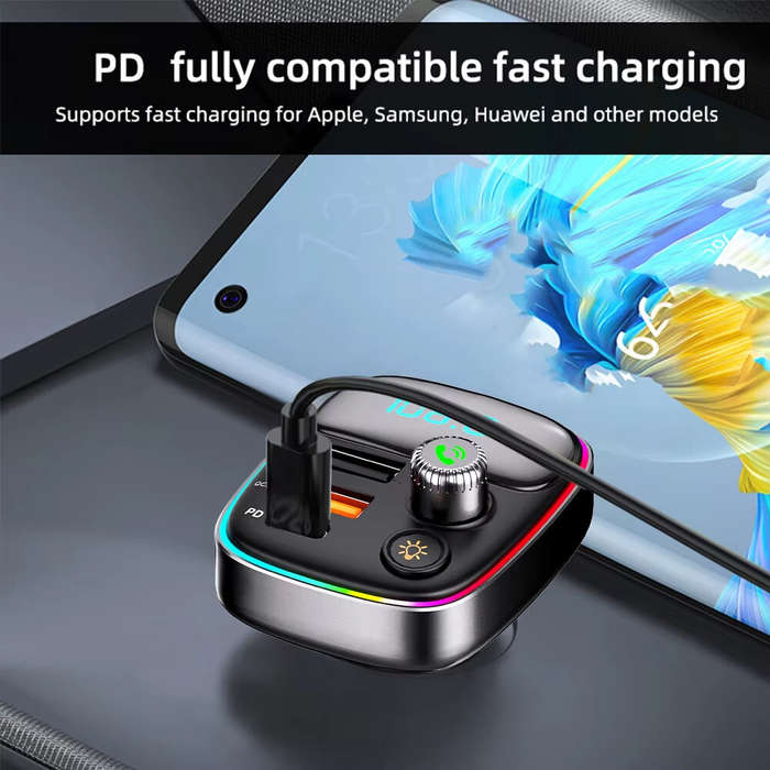 36W - Car FM Transmitter PD Type C Dual USB Ambient Player MP3 Charger Bluetooth 5.3 Wireless Light