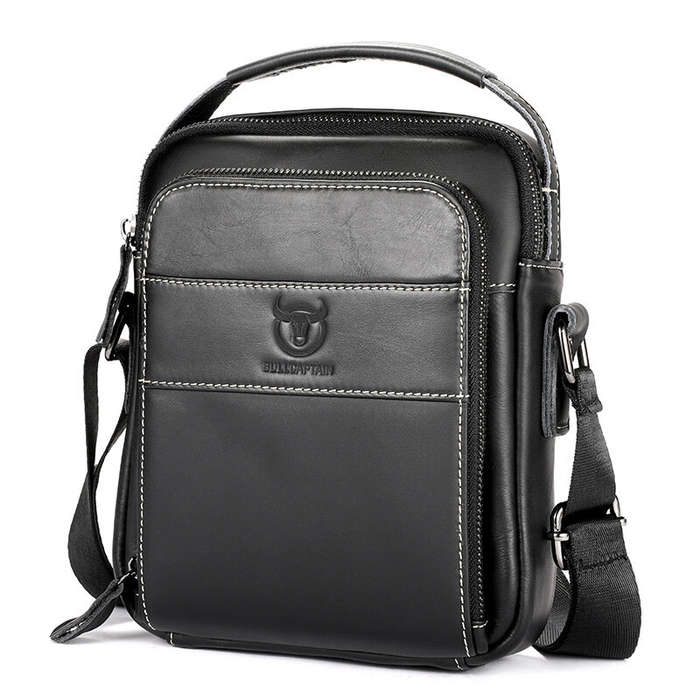Coffee - BULLCAPTAIN Genuine Leather Men Shoulder Bags Vintage Small Flap Crossbody Briefcase Handba