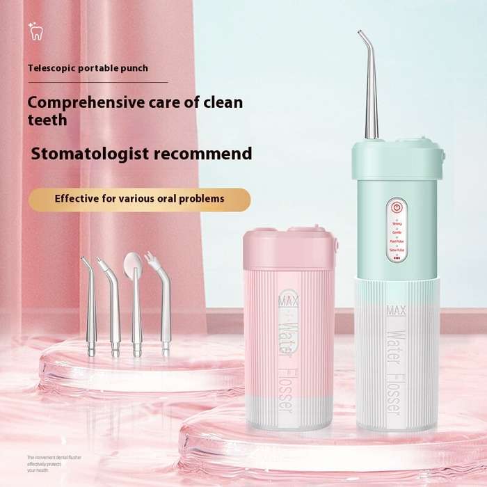 Pink - Portable Cordless Water Flosser with 4 Modes & 4 Nozzles Rechargeable IPX7 Waterproof 200ml T