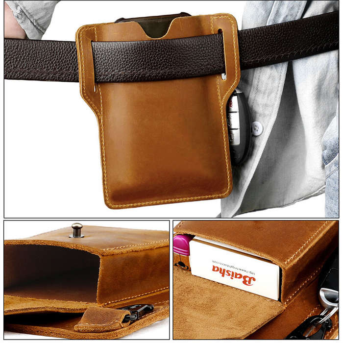 Coffee - Ekphero Retro Men's Waist Bag Genuine Leather Belt Bag Key Waist Work Pocket Phone Bag for