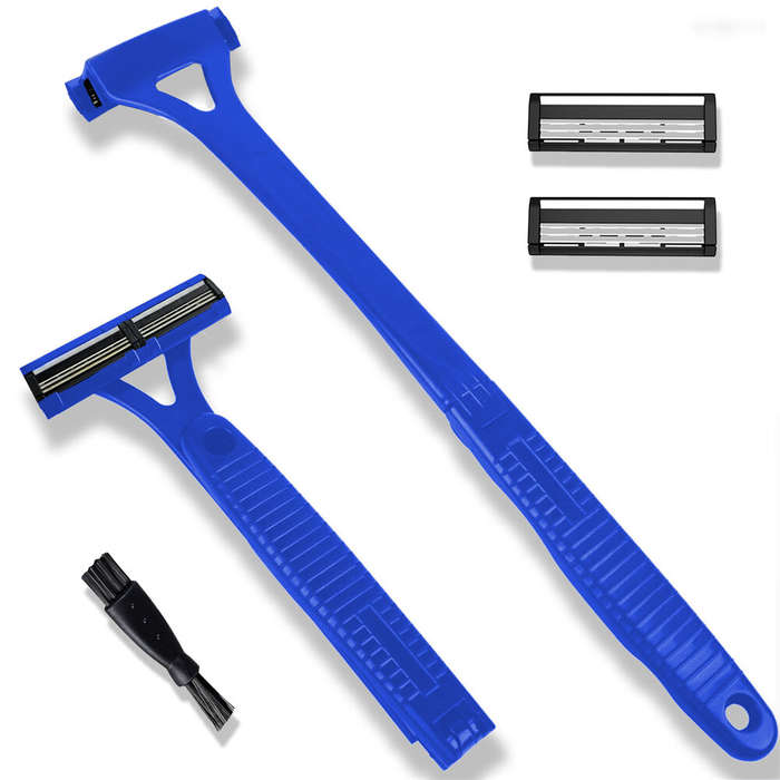 Blue - Adjustable Foldable Long Handle Triple-blade Back Hair Shaver Ergonomic Design Waterproof Eas