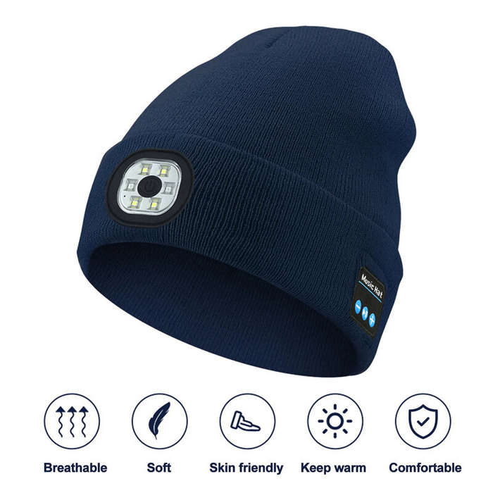 Black - LED Light Bluetooth Beanie Unisex Warm Knitted Beanie 3 Light Modes Waterproof Rechargeable