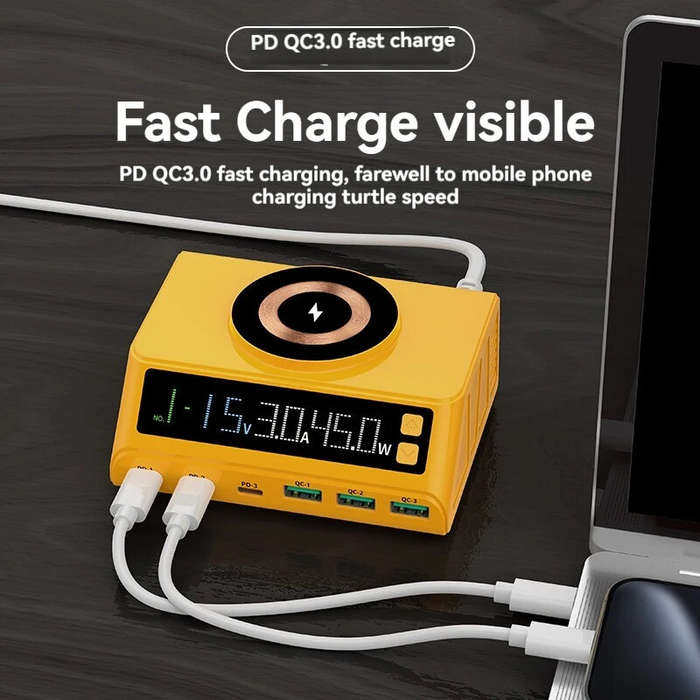 EU Plug - WLX-M9A 110W 6-Port USB PD Charger 3USB-A+3USB-C PD QC3.0 Fast Wireless Charging with Digi