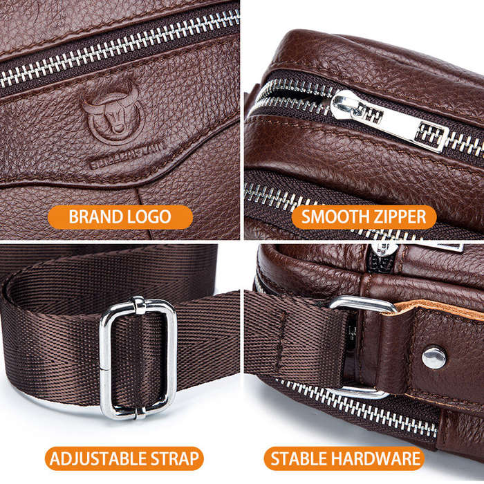 Black - BULLCAPTAI Genuine Leather Men's Shoulder Bag Cowhide Messenger Bags Fashion Male Causal Sma