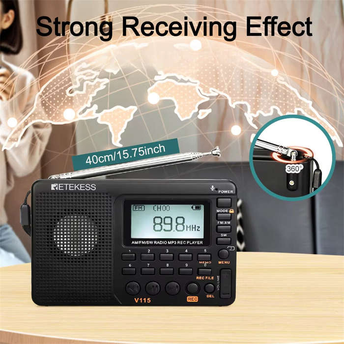 Black - Retekess V115 Radio FM AM SW Portable Radios AM FM Rechargeable Shortwave Radio Battery Powe