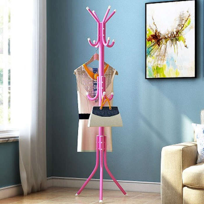 Pink - Coat Stand Garment Rack Shelf Metal Jacket Umbrella Hanger Standing 12 Hook
