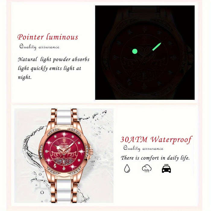 Pink - POEDAGAR Women's Luxury Rhinestones Swan Quartz Watch Waterproof Luminous Fashion Date Dial A