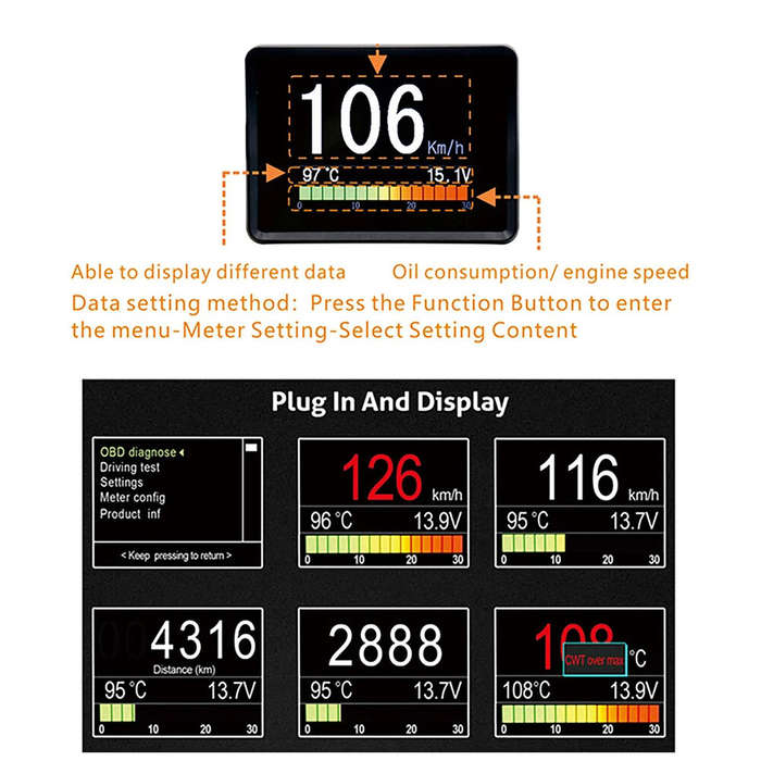 Black - Car HUD Head-Up Display Obd Speed Fuel Consumption Water Temperature Voltage Overspeed Alarm