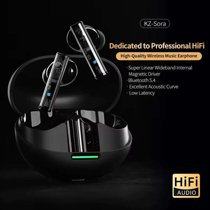 Black - KZ Sora TWS HiFi Earbuds Wireless bluetooth 5.4 Earphone Super Linear Wideband Internal Magn