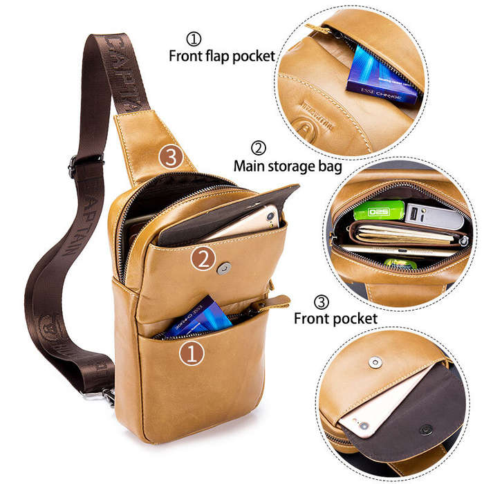 Brown - BULLCAPTAIN Retro Genuine Leather Men's Chest Bag Comfy Adjustable Shoulder Strap Crossbody