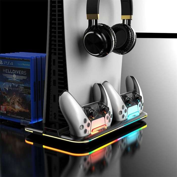 White - PS5 Gaming Console Cooling Stand Dual Charging Dock With RGB Lights Disk Slot And Controller