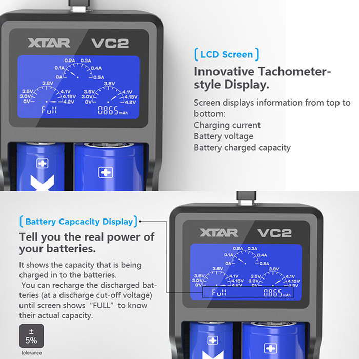 XTAR VC2 18650 Battery Charger Test Batteries Capacity Display USB Charger For 10400-26650 Li-Ion Ba