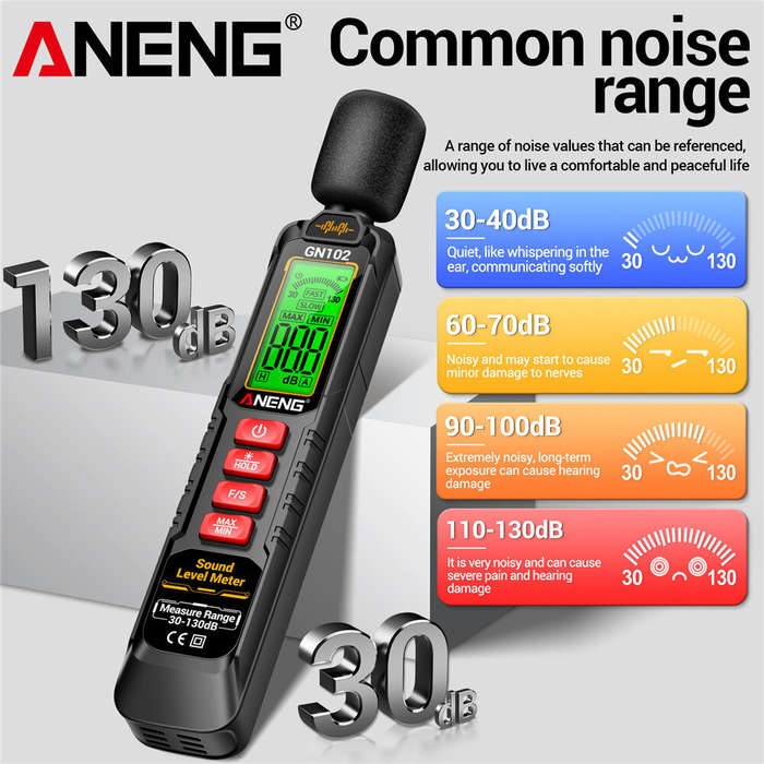 1 PC - ANENG GN102 Digital Noise Meter 30-130dB Sound Level Meter LCD Backlit Display Compact Design