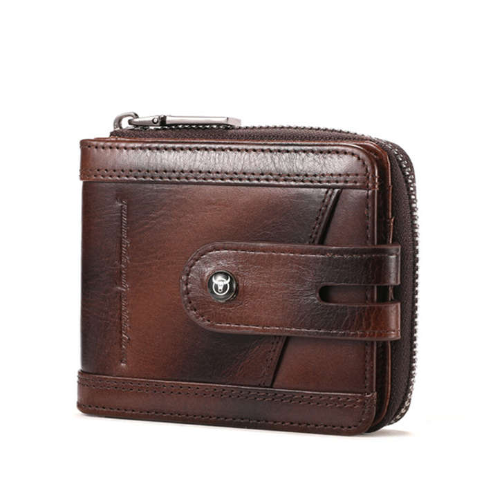 Brown - BULLCAPTAIN Genuine Leather Bifold Men Zipper Wallet RFID Blocking Mutil Card Holder Coin Pu