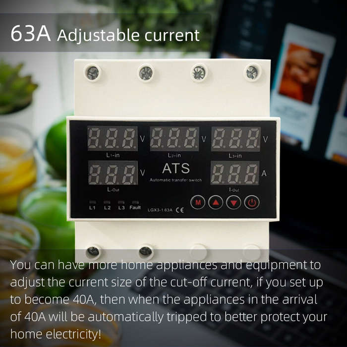 Black - Five-Screen Auto-Switching Three-Phase Digital Voltage Protector 63A 220V Adjustable Over/Un