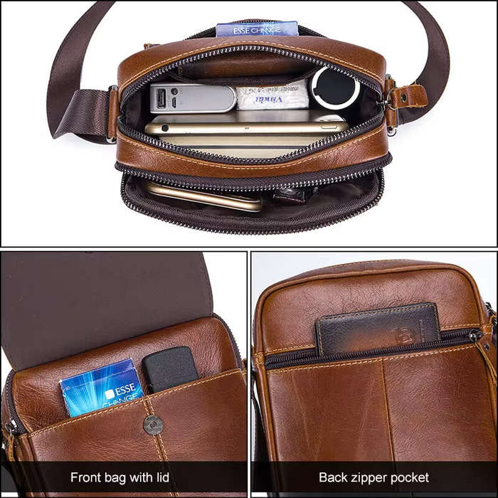 Coffee - BULLCAPTAIN Men's Genuine Leather Crossbody Bag Business Casual Shoulder Bag Small Fashion