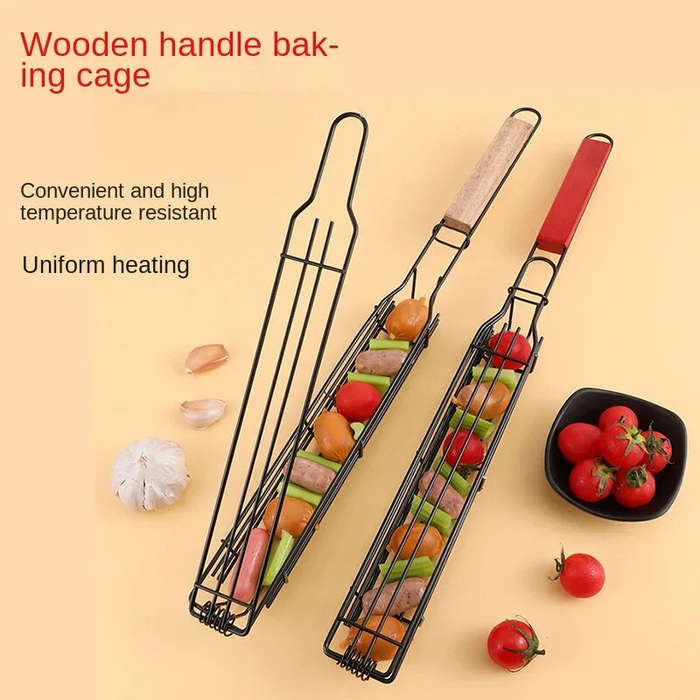 Type B - 2PCS Stainless Steel Wooden Handle BBQ Grill Basket Sausage Hot Dog Basket Non-stick Barbec