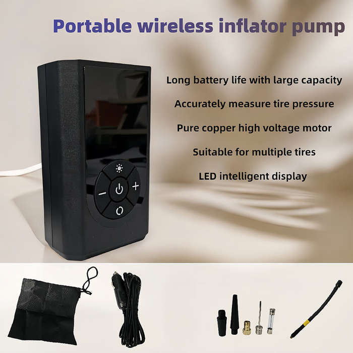 Black - Portable Cordless Electric Air Compressor Pump with LED Emergency Light USB Rechargeable Fit