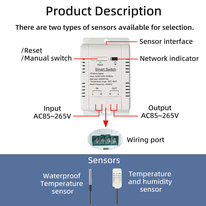 with 1M Temperature Sensor Cable - Tuya Zigbe Temperature Humidity Smart Switch 16A 3000W APP Remote