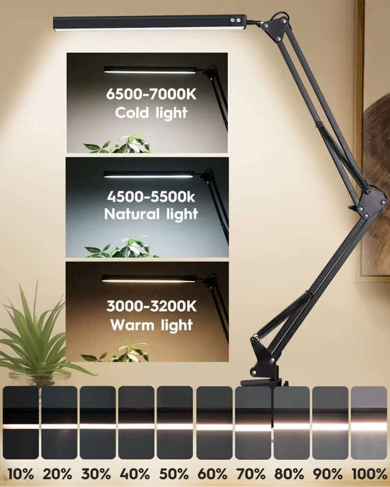 White - 10W LED Desk Lamp with Clamp Adjustable Swing Arm Dimmable 10 Brightness Levels 3 Color Mode