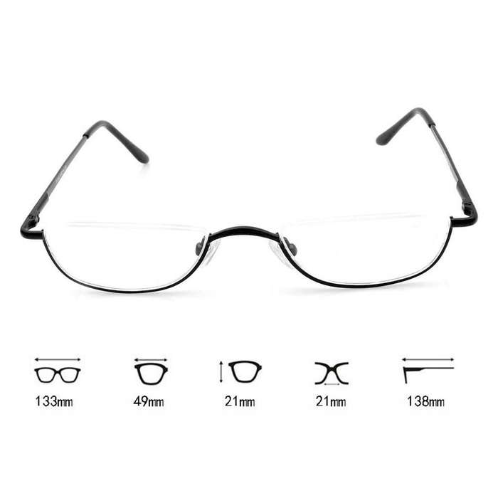 +200 - HD Half Moon Reading Glasses Metal Frame Lightweight Eyeglasses for Unisex Vision Care +1.5~+