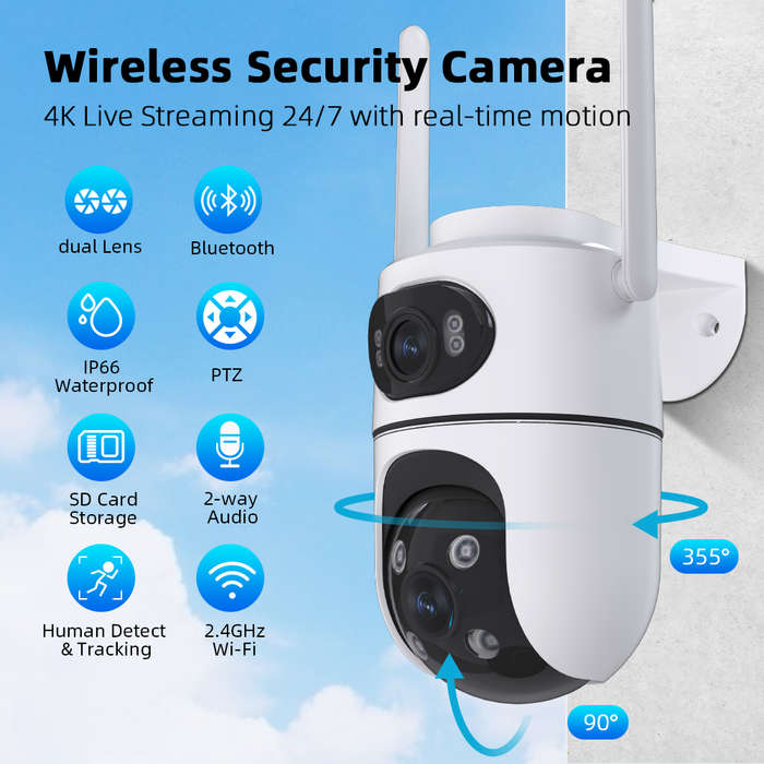 EU Plug - Wireless HD 3MP+3MP Binocular Camera ICSEE APP PTZ Monitoring Outdoor Home WIFI Camera