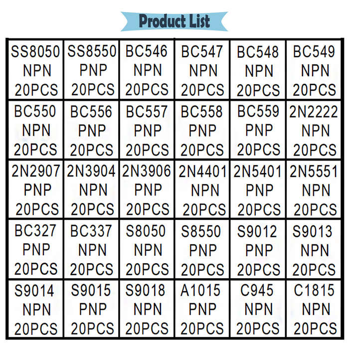 with box - 600pcs Transistor Assortment Kit NPN PNP TO-92 30 Types Electronic Amplification Switchin