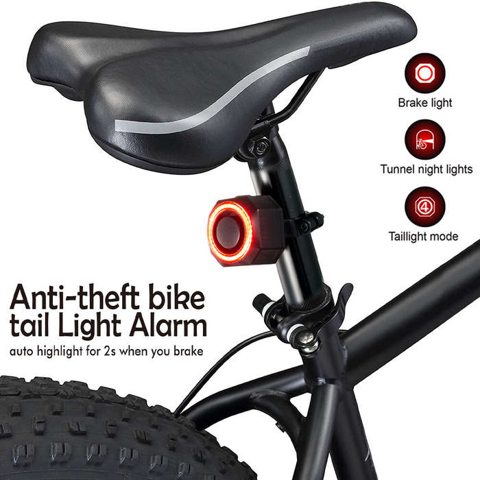 Black - BIKIGHT Smart Brake Sensing Bike Taillight 700mAh Battery Alarm Rear Light 4 Light Modes USB