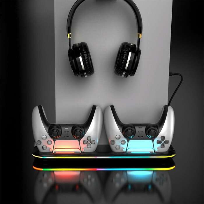 White - PS5 Gaming Console Cooling Stand Dual Charging Dock With RGB Lights Disk Slot And Controller