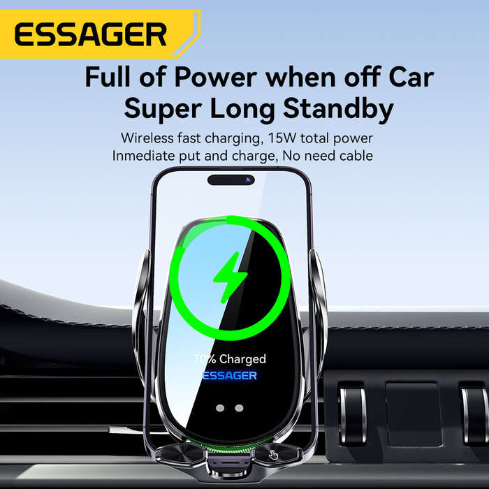 Black - ESSAGER A4 15W 10W 7.5W 5W Wireless Car Phone Holder Charger Car Air Vent Clamp Bracket for