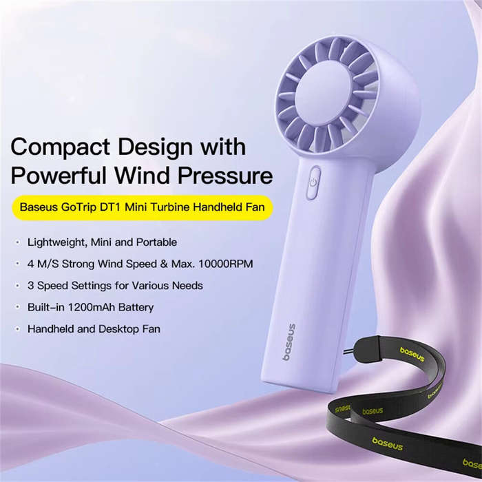 Purple - Baseus GoTrip DT1 Mini Turbine Handheld Fan 3 Speed Adjustable Portable Fan 1200mAh Recharg