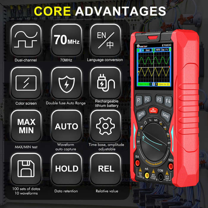 Red - ET853C 3-in-1 2CH 70Mhz Oscilloscope Multimeter Signal Generator 3-In-1 200Msps Sampling Rate