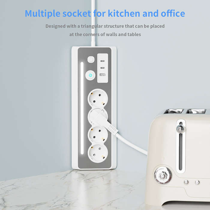 White - European Power Strip 4 Sockets with USB and Type-C Ports LED Light 3680W 250V 16A Flame Reta