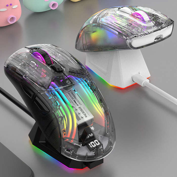 White - XUNSVFOX XYH20pro RGB Transparent Shell Gaming Mouse Power Display Three Mode Wireless bluet