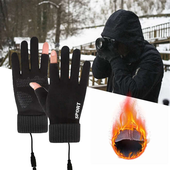 Black - TENGOO Touch Screen Electric Heated Gloves Windproof Hand Warmer USB Rechargeable Heating Th