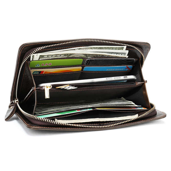 Black - Ekphero Men Genuine Leather Wallet Men Phone Clutch Retro Long Wallets Hand Money Purse Cow