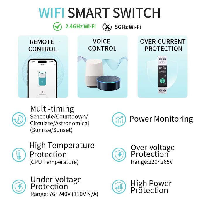 Black - Tongou TUYA WiFi Smart MCB Circuit Breaker with Power Metering and Wireless Control 1-63A fo