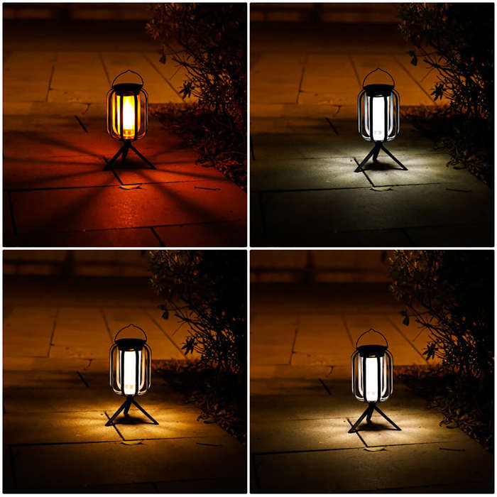 Black - Solar Camping Lantern Portable 4-in-1 Outdoor LED Light With Tripod IPX4 Waterproof USB-C &