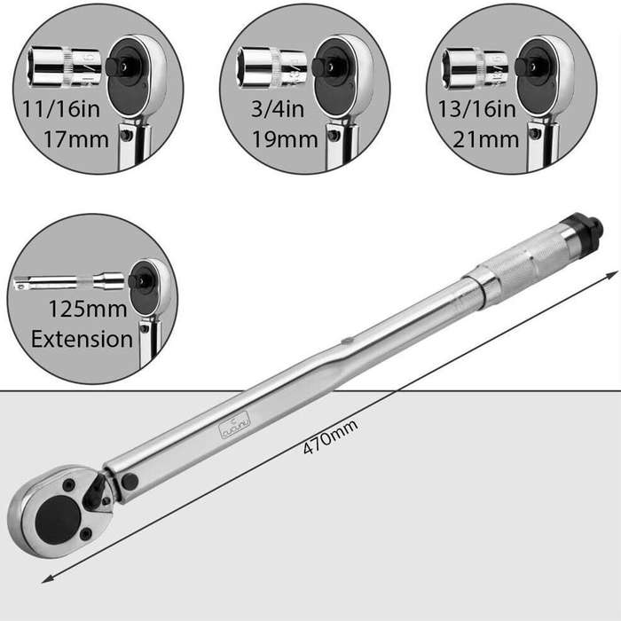 5PCS Torque Wrench Set 28-210Nm Bi-Directional Heat-Treated Steel Includes 3 Sockets 1 Extension Bar
